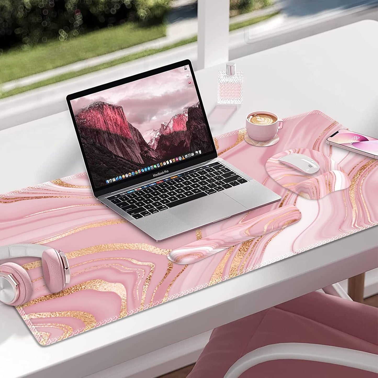 Light Pink Desk Mat Set, Mouse Pad and Keyboard Wrist Rest, Ergonomic Mouse Pad with Wrist Rest, Non-Slip Desk Mat for Home Office, 35.4 X 15.7 In