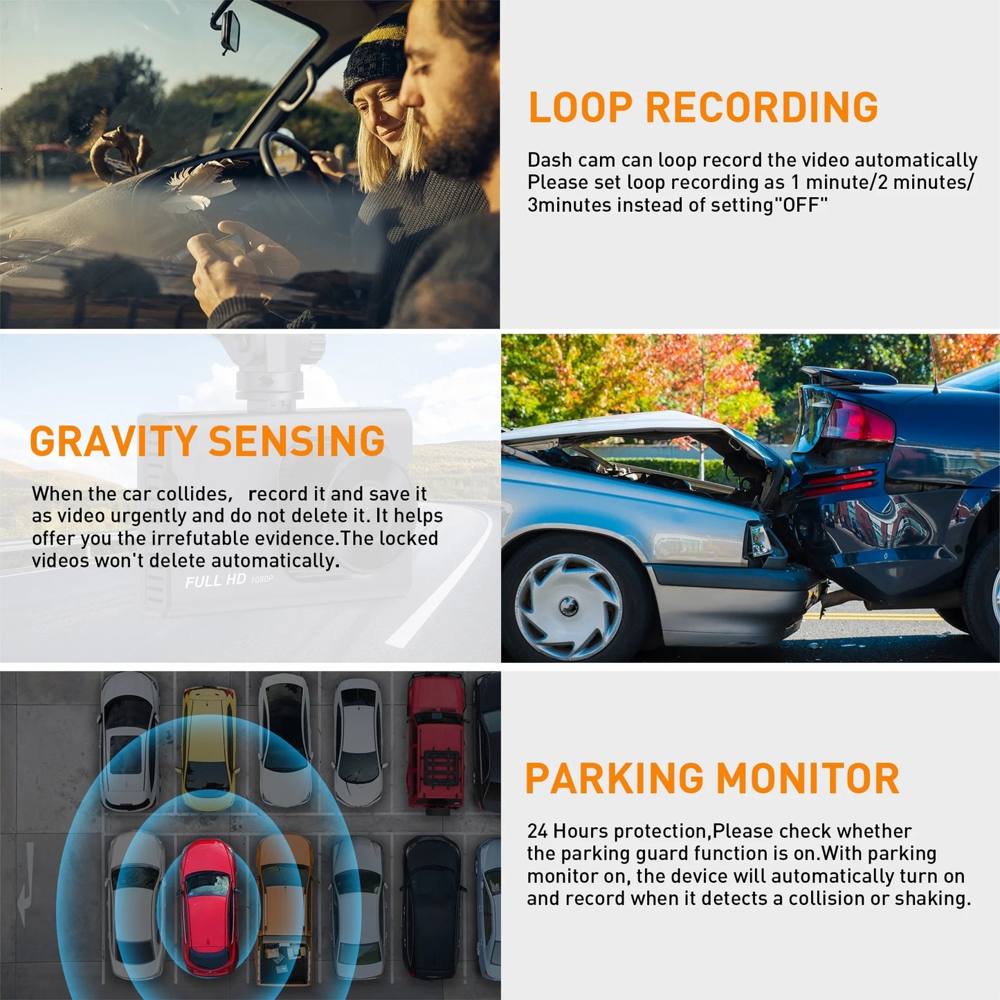 Dash Cam Front & Rear 1080P Full HD Night Vision, Parking Mode, G-Sensor, Loop Recording, WDR, 3-Inch LCD