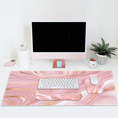 Light Pink Desk Mat Set, Mouse Pad and Keyboard Wrist Rest, Ergonomic Mouse Pad with Wrist Rest, Non-Slip Desk Mat for Home Office, 35.4 X 15.7 In