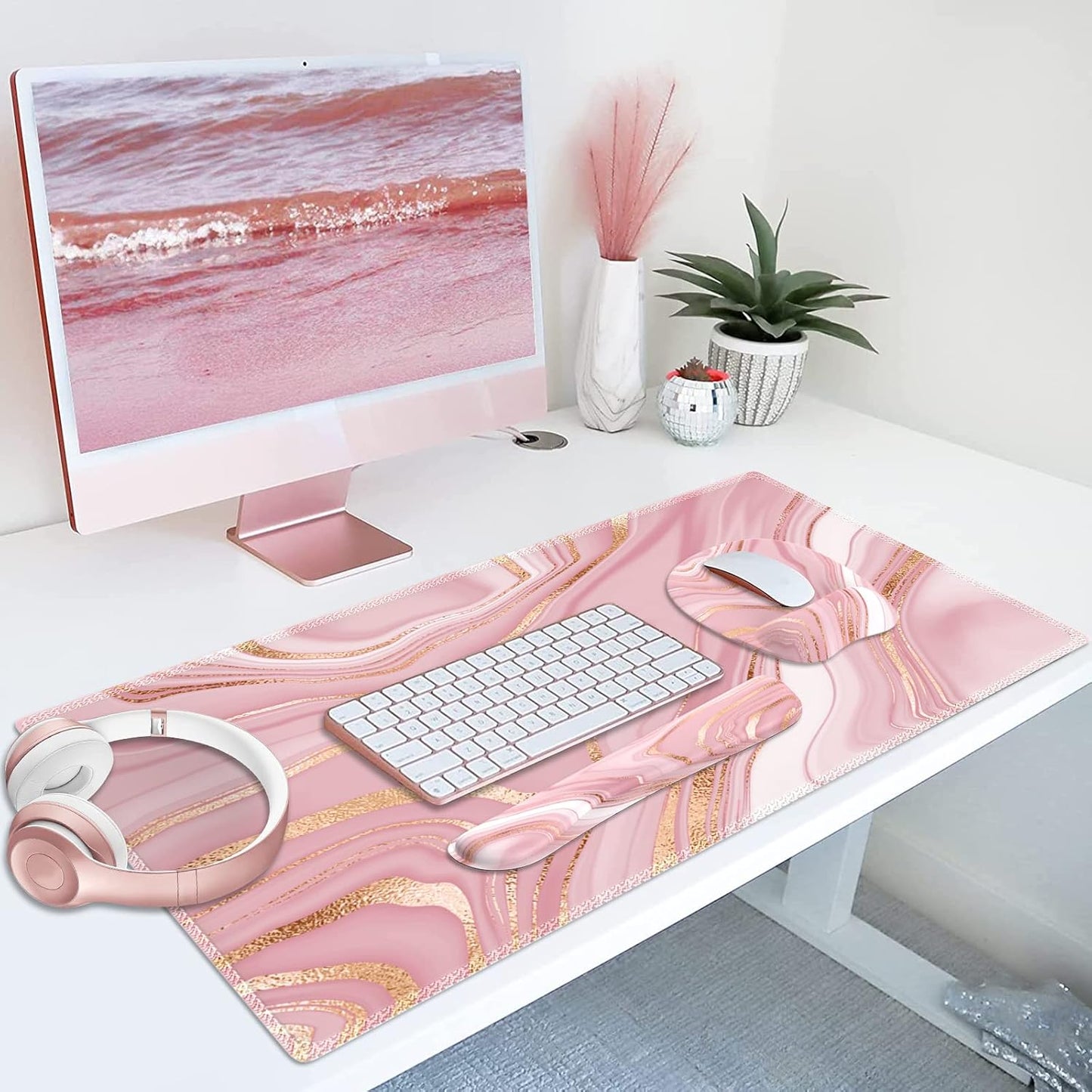 Light Pink Desk Mat Set, Mouse Pad and Keyboard Wrist Rest, Ergonomic Mouse Pad with Wrist Rest, Non-Slip Desk Mat for Home Office, 35.4 X 15.7 In